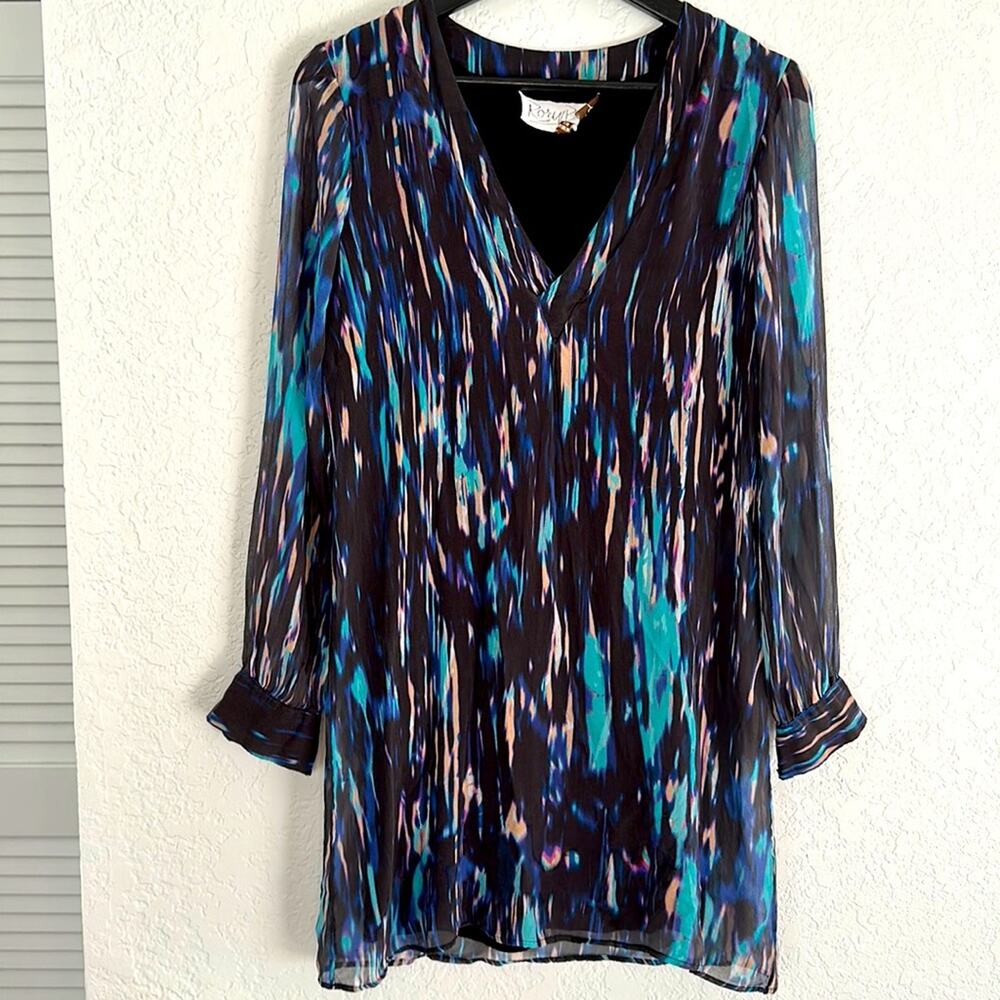Rory Beca Silk Mini Dress Blue Watercolor Artsy Long Sleeve Date Night Fall Goth